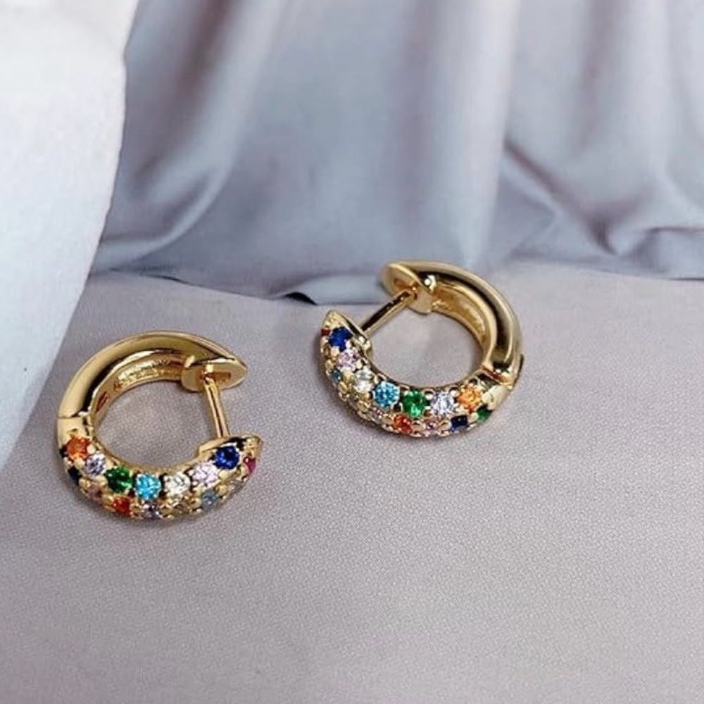 NEW 18K Gold Plated Cubic Zirconia Multicolor Hoop Earrings